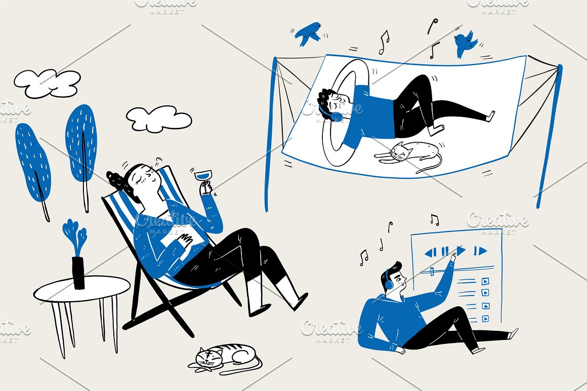 3 different illustrations of relaxation people on a gray background.
