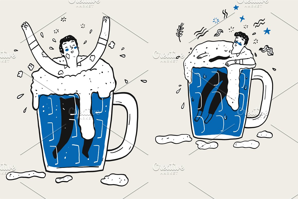 2 illustrations of a man in cup of beer on a gray background.