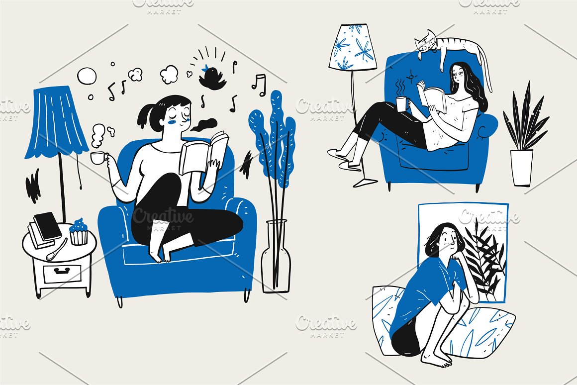 3 blue, black and white illustrations of relaxation girl.
