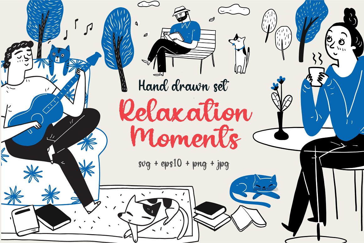 Cover with red lettering " Relaxation Moments" and blue and white illustrations.