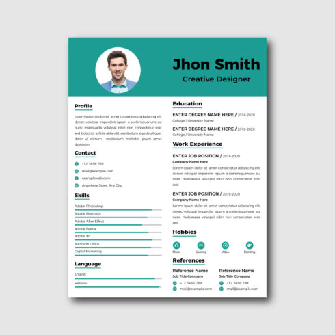 Professional resume template with a green cover.