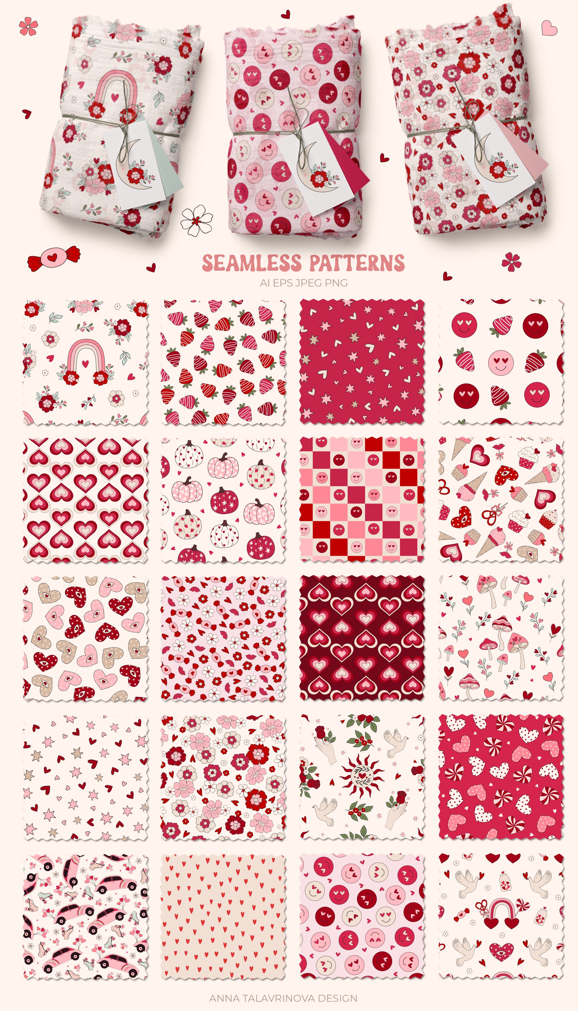Patterns with flowers and hearts.