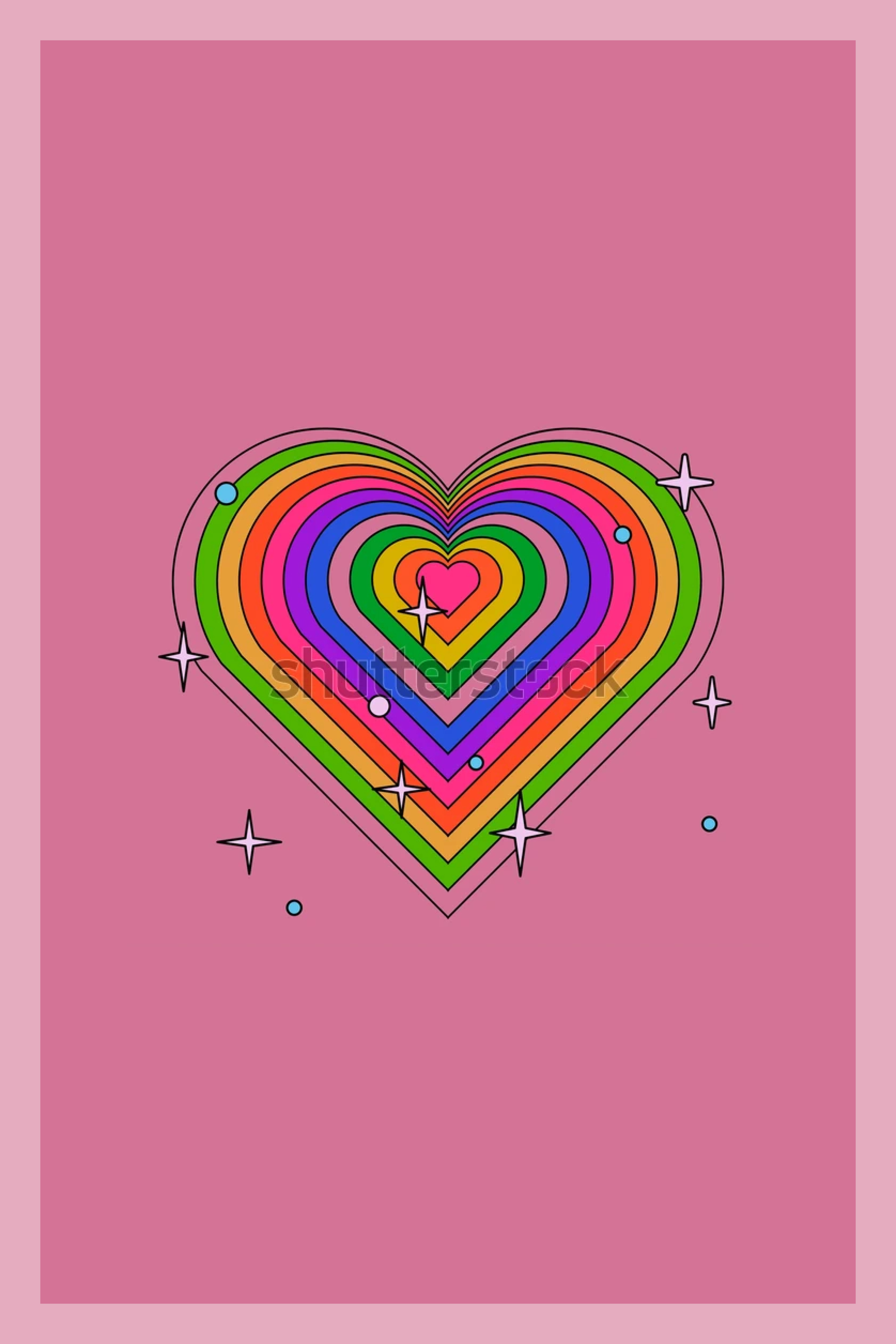 Heart in rainbow colors on a pink background.