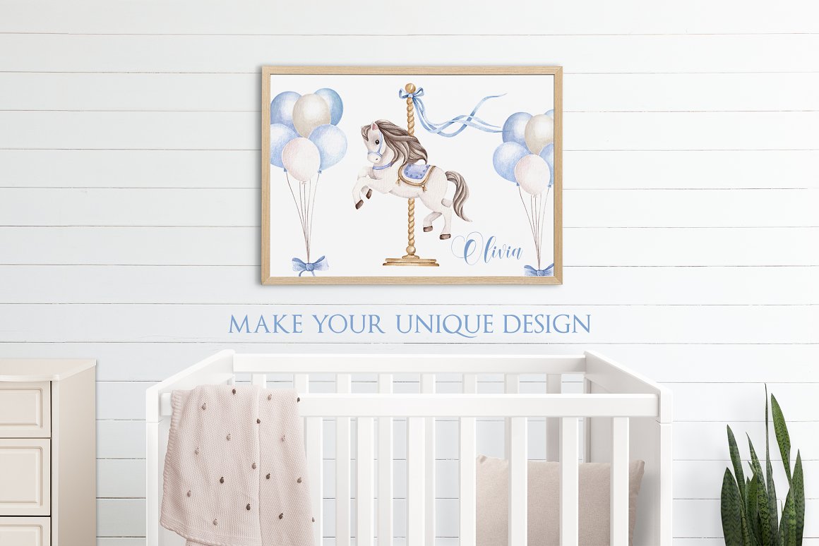 Illustration of a horse Olivia and balloons on a white background in wooden frame on the wall.
