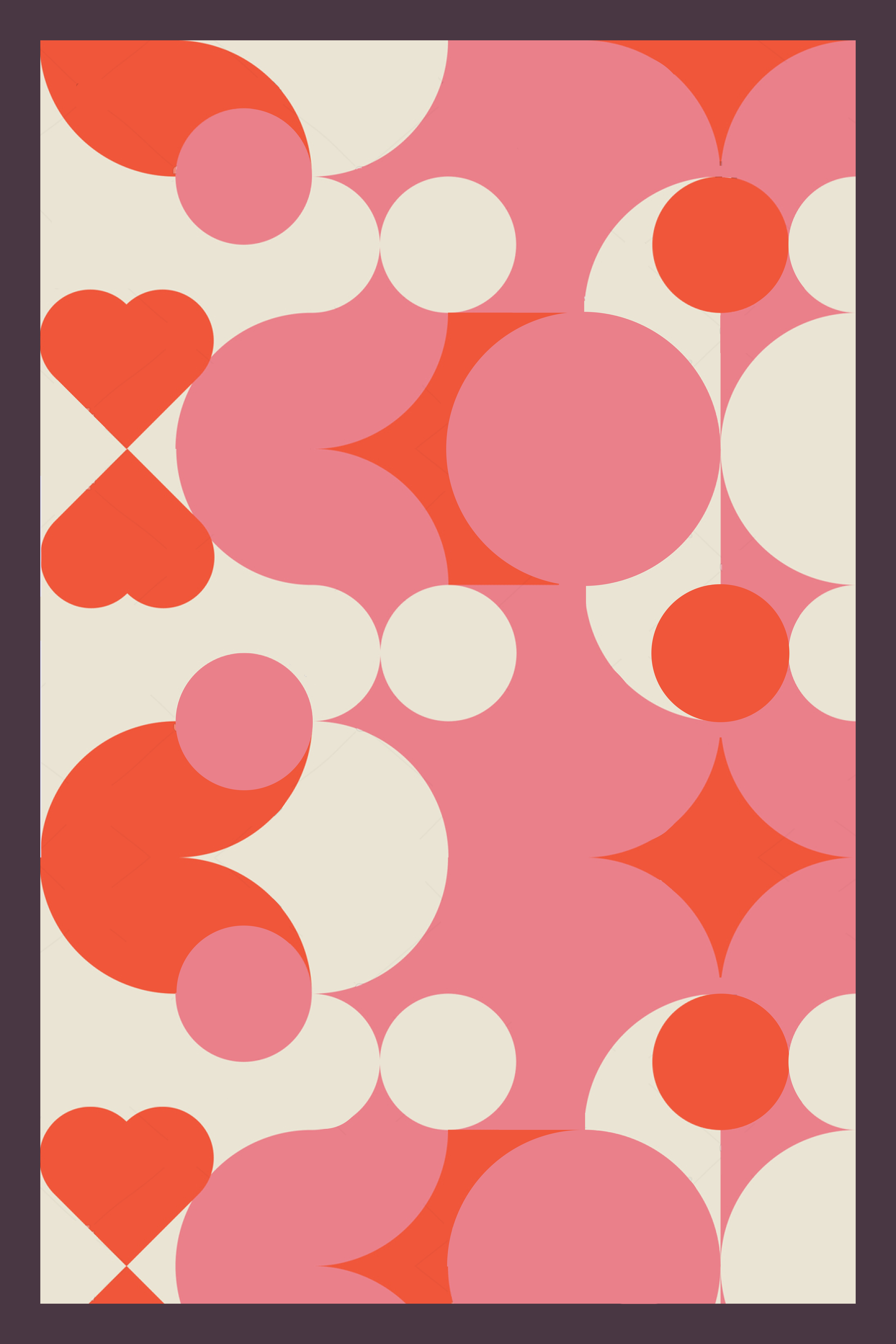 Geometric abstraction of hearts, lines and circles in pink, red and white.