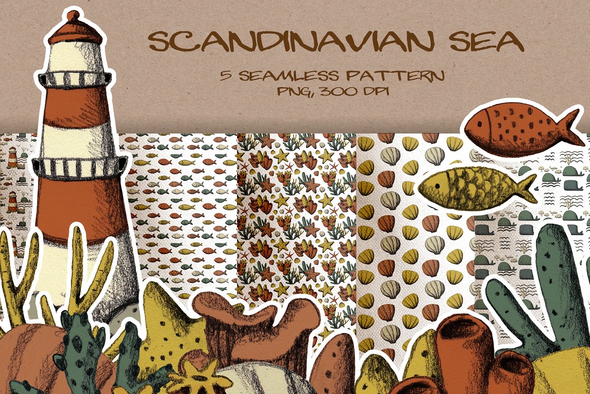 Dirty red lettering "Scandinavian Sea" and different sea patterns.