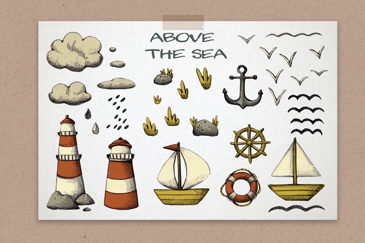 Lettering "Above the sea" and different illustrations on a white paper.