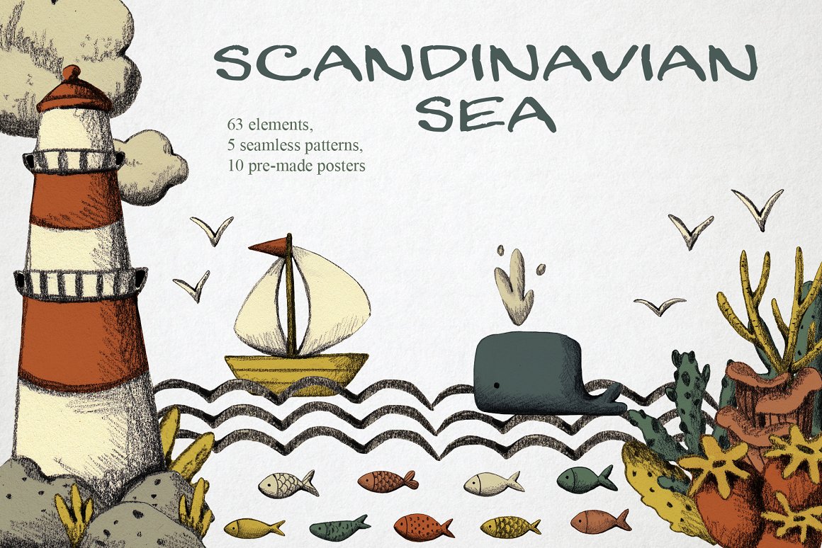 Cover with lettering "Scandinavian Sea" and different sea illustrations on a gray background.