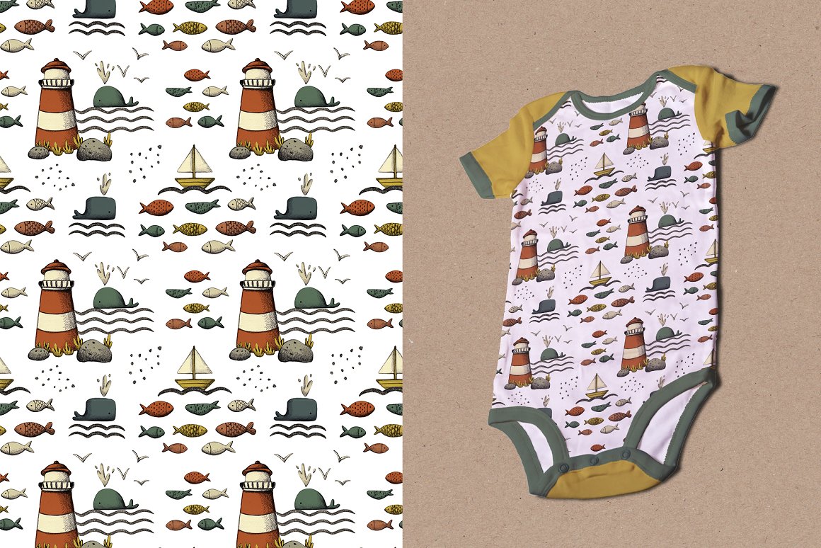 Pattern of sea and baby bodysuit with the same pattern.