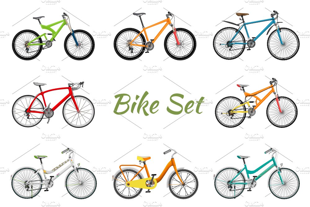Cover with dirty green lettering "Bike Set" and 8 different illustrations on a white background.