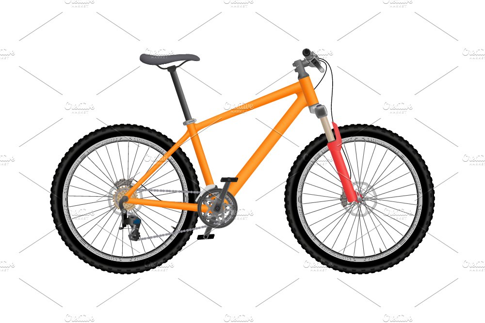 Realistic illustration of orange bicycle on a white background.
