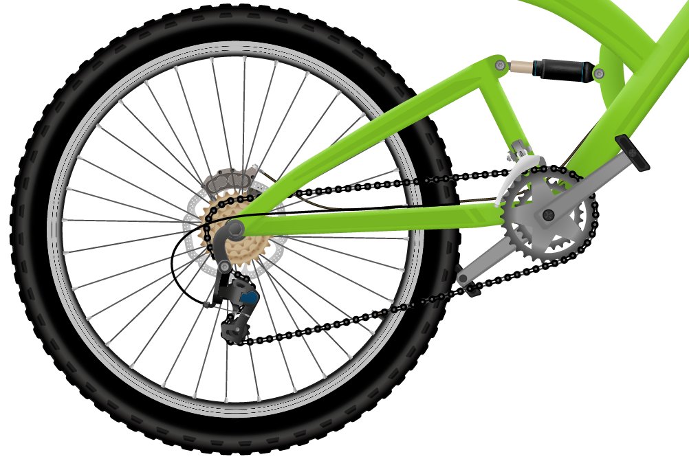 Close-up illustration of a green bicycle on a white background.