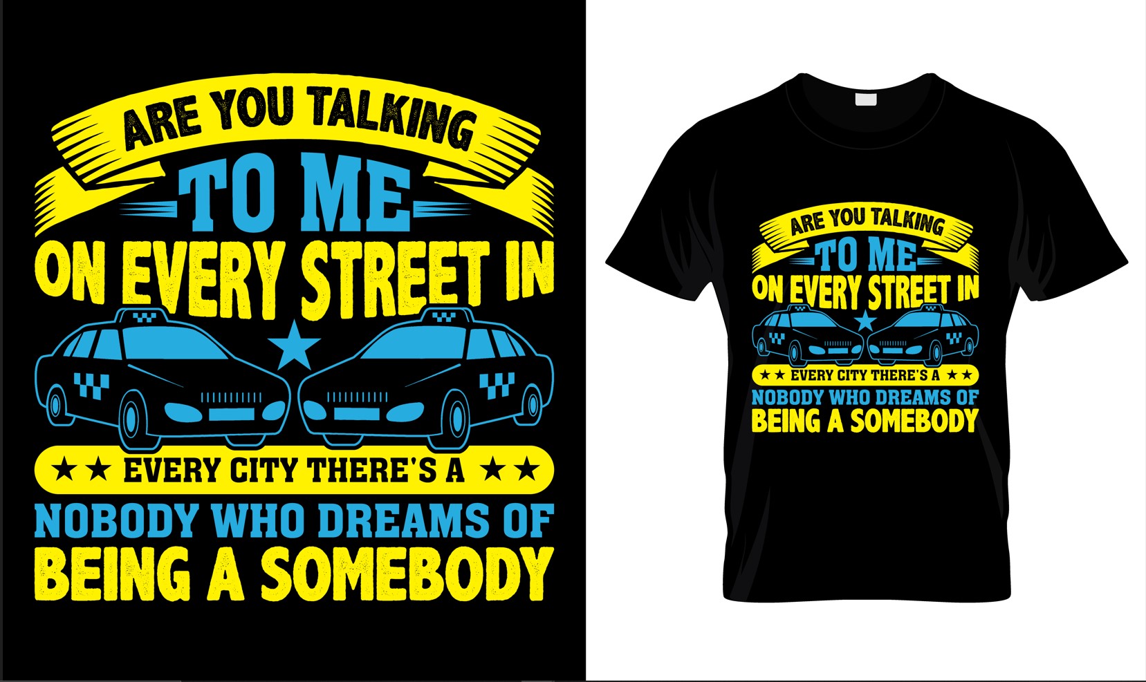 Image of a T-shirt with an enchanting print of a taxi and an inscription