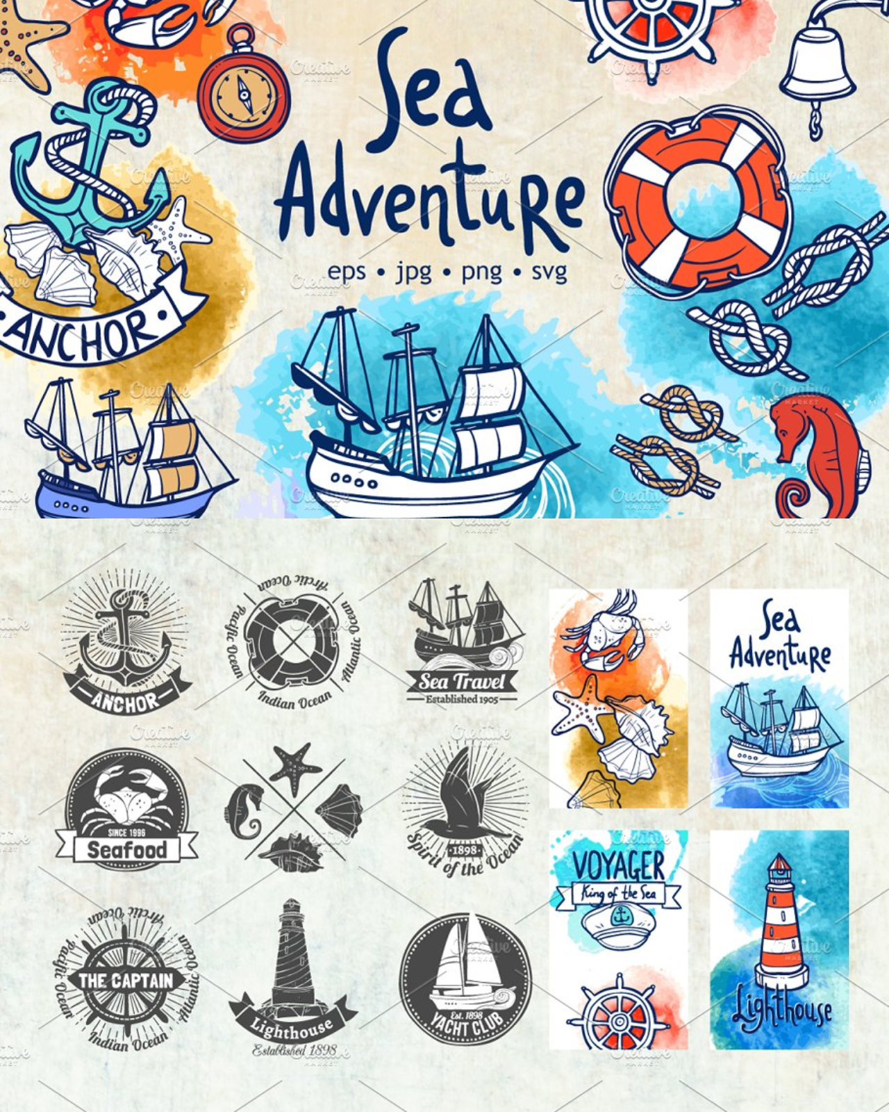 Sea adventure sketch set pinterest image preview.