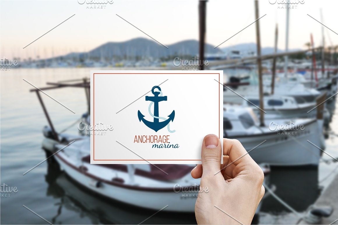 White card with lettering "Anchorage marina" and icon of anchor.