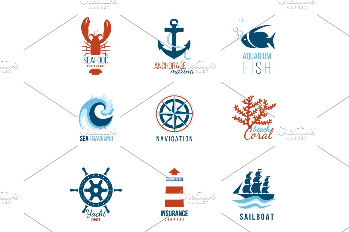 Collection of 9 different sea logos on a white background.