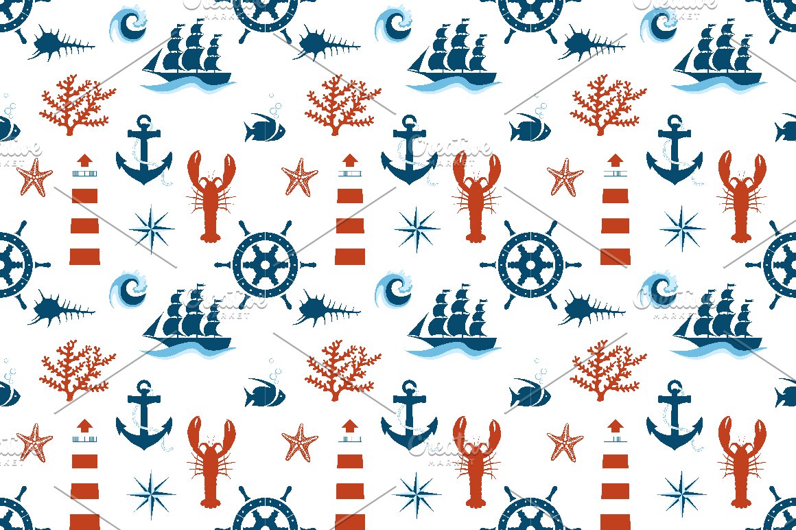 Blue and red sea love seamless pattern on a white background.