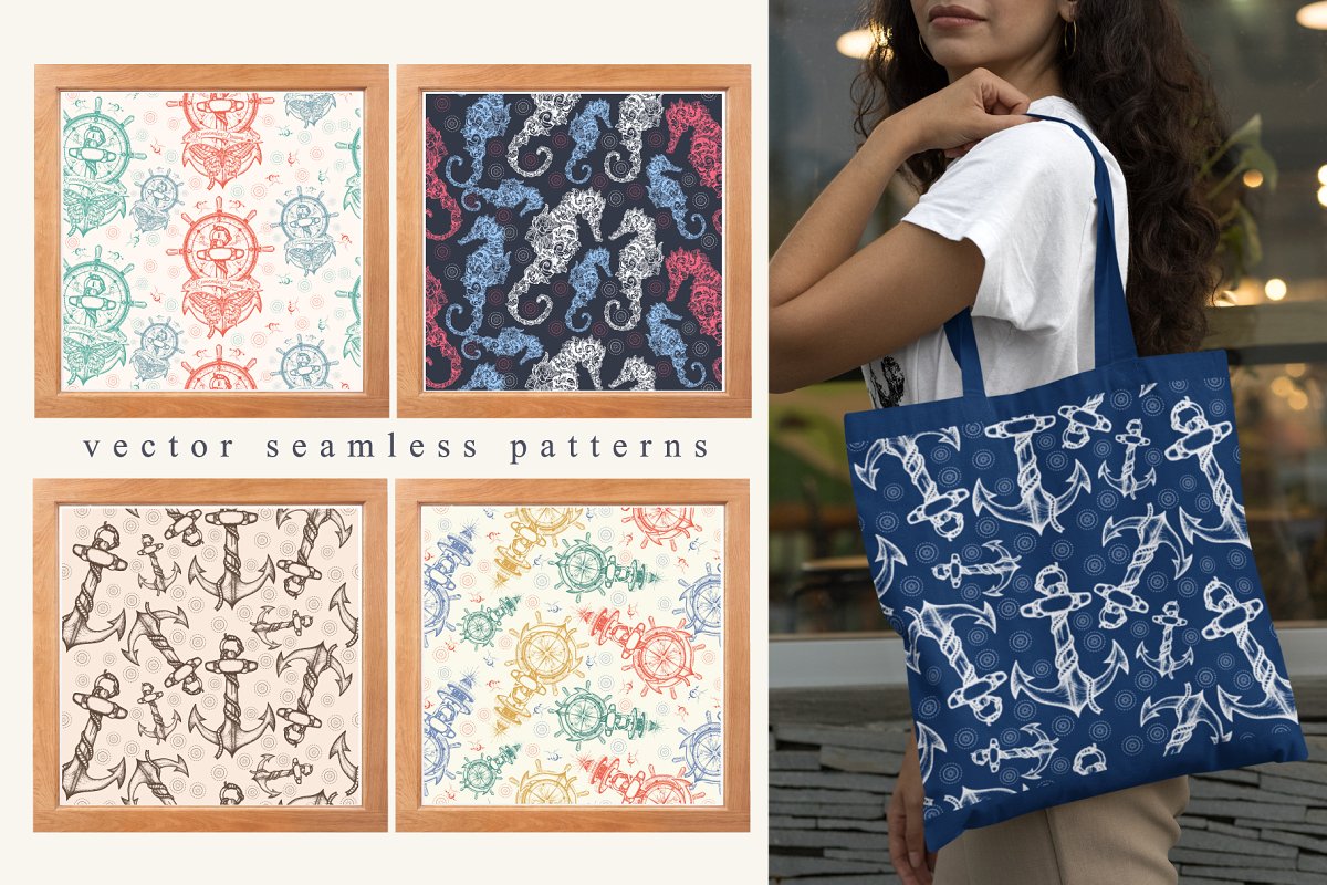 Shopping bag preview made with seamless patterns.