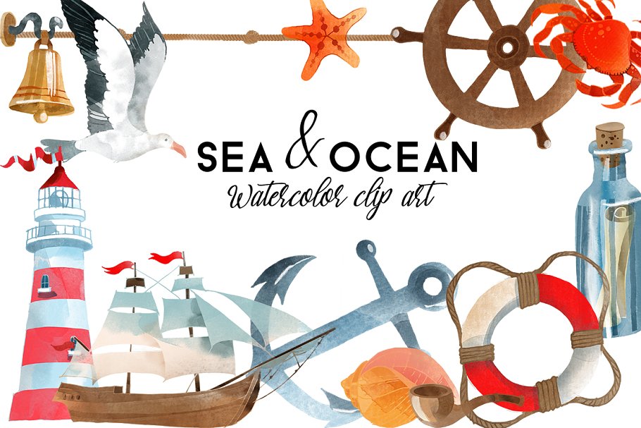 Cover image of Sea & Ocean. Watercolor Clip Art.