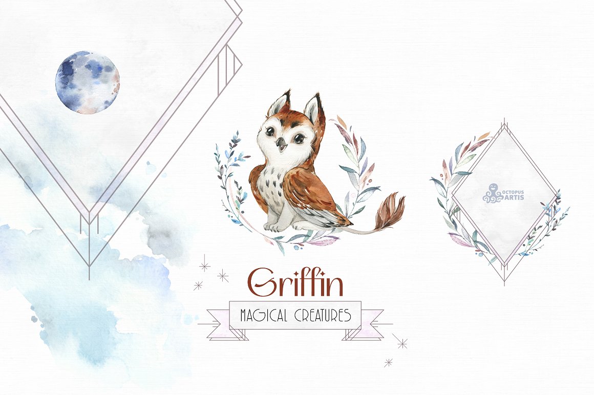 Griffin illustration and brown lettering "Griffin" on a watercolor background.