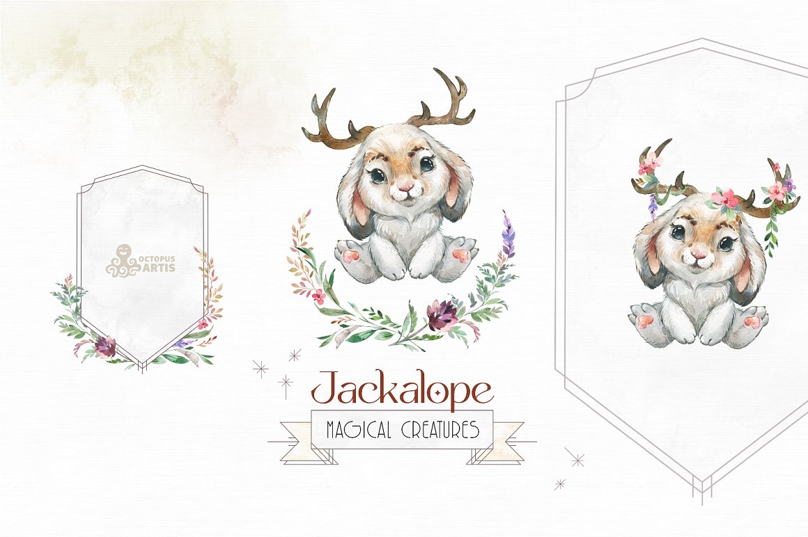 Watercolor illustration of jackalope on a white background.