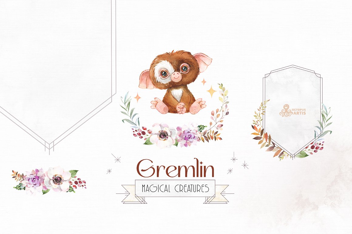 Gremlin illustration and floral compositions.