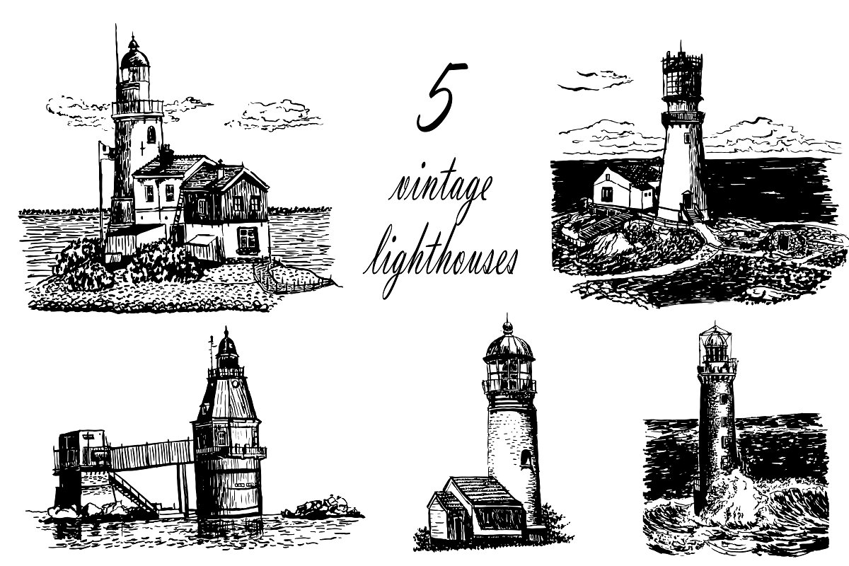 Cover image of 5 Vector Lighthouses.
