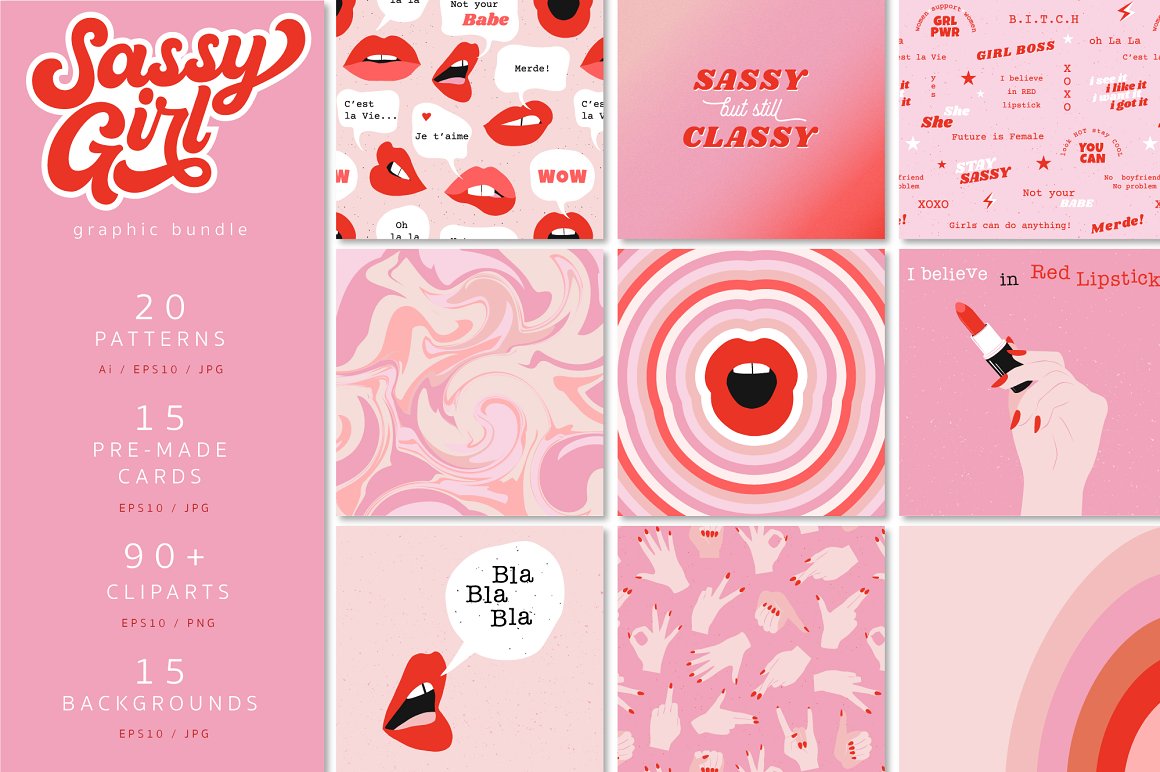 Cover with red lettering "Sassy Girl" with white stroke and 9 different patterns on a pink background.