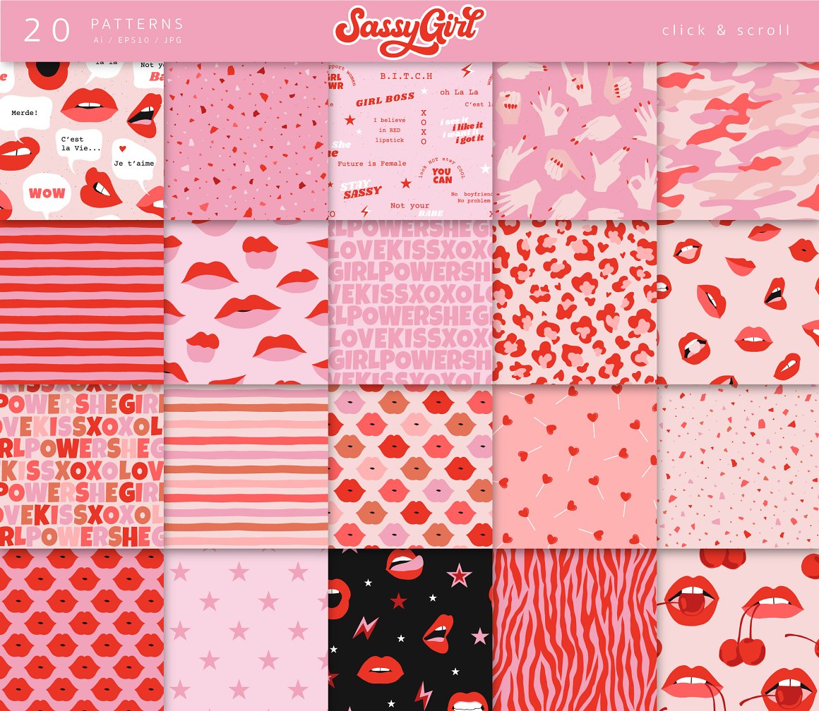 A set of 20 different sassy girl power patterns in pink and red.