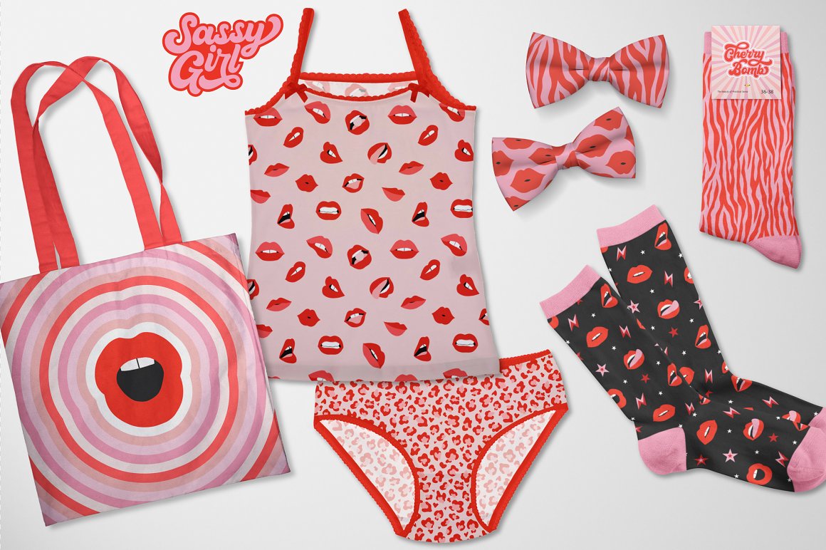 An example of different clothes objects with pink and red patterns of lips.
