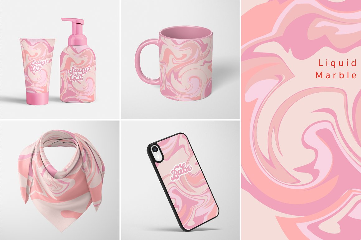 Pink liquid marble set of different bottles, cup, scarf, iphone case and background.