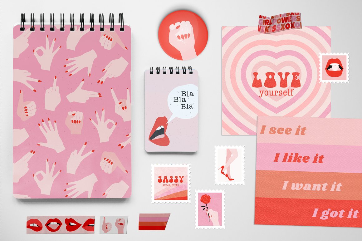 A set of different pink and red sassy girl power notebooks, cards, marks and decorative tapes.