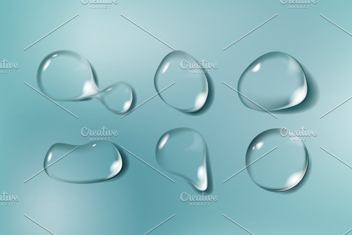 A set of 6 different realistic water drops on a light blue background.