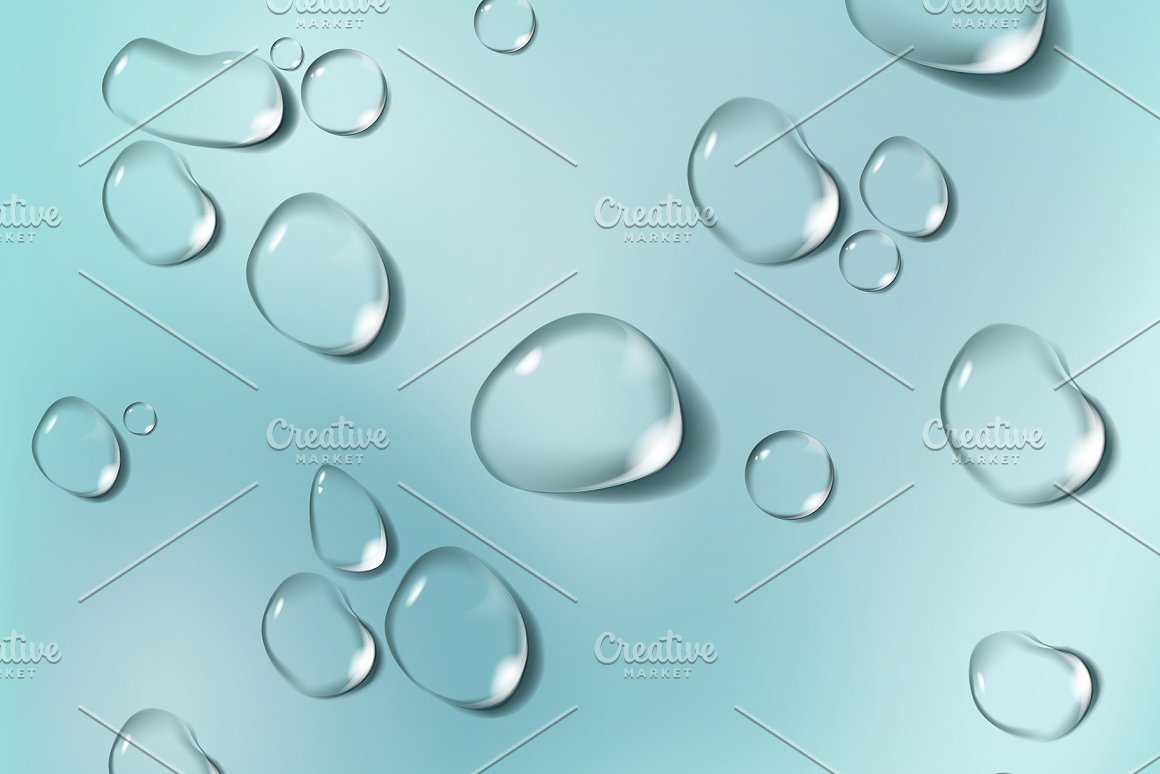 A lot of different realistic water drops on a light blue background.