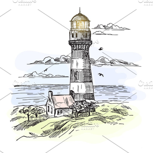 Sketch of island with lighthouse at ocean waters main image preview.