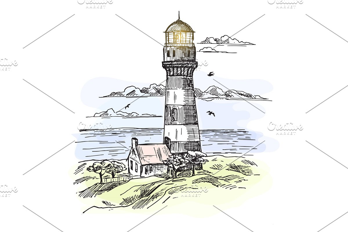 Sketch of island with lighthouse at ocean waters main image preview.