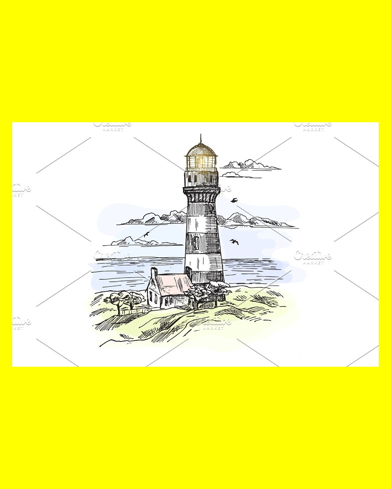 Sketch of island with lighthouse at ocean waters pinterest image preview.