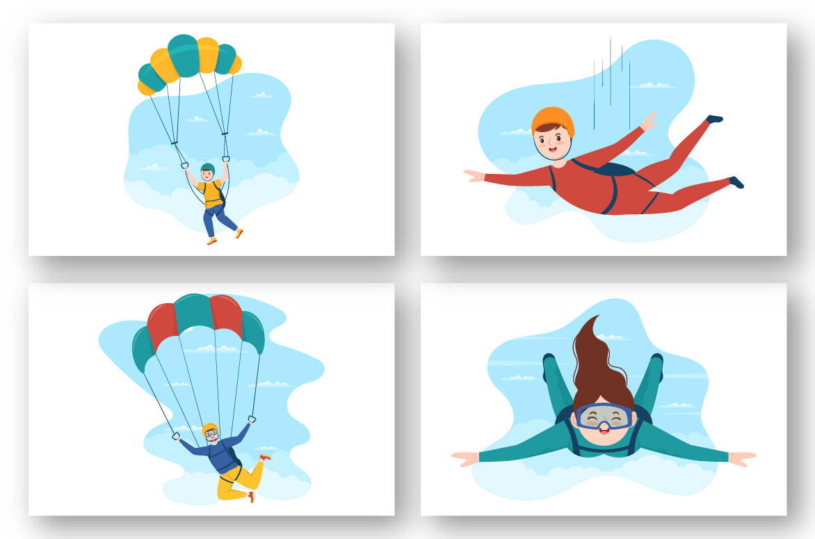 Four skydiving illustrations.