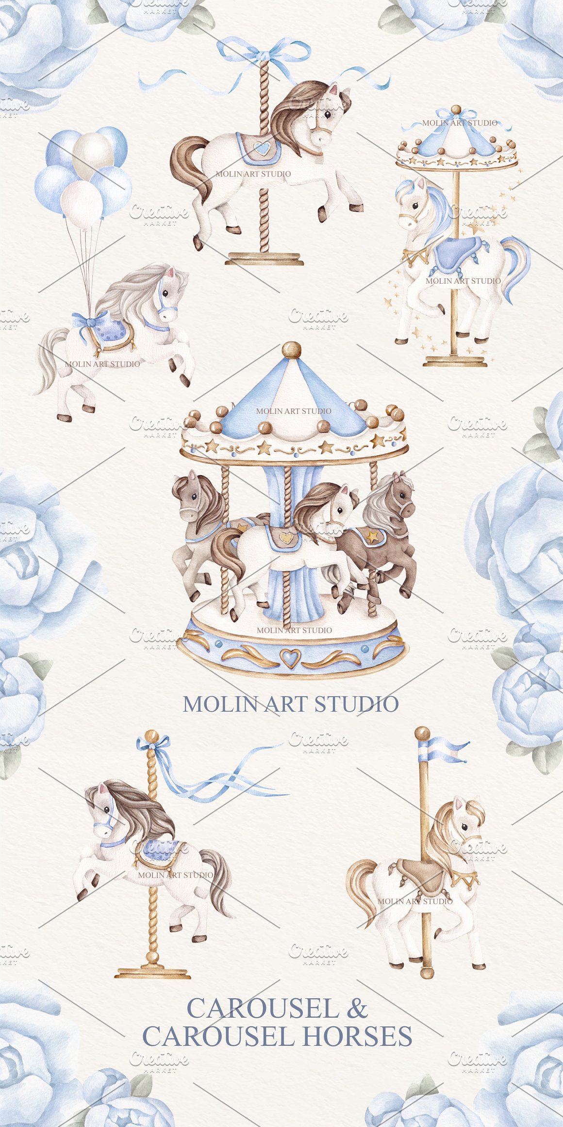 Blue clipart of different carousel and horses illustrations.