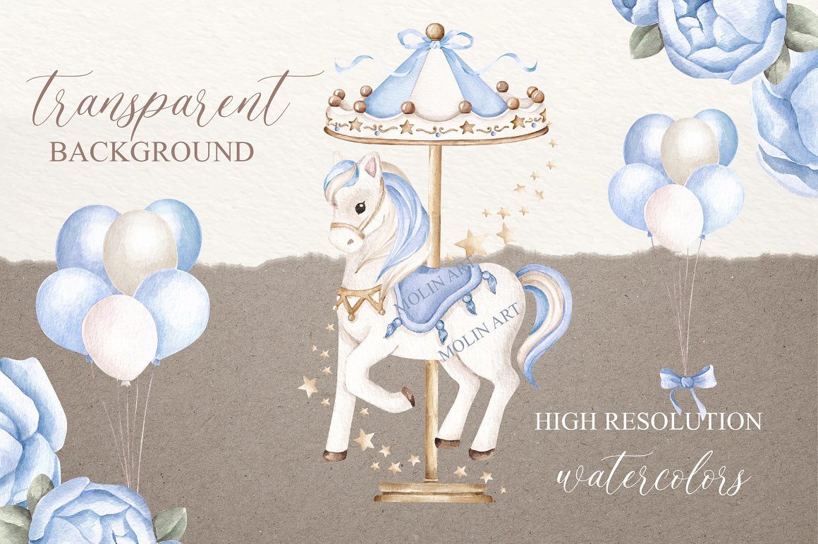 Beautiful cover with watercolor illustrations of a carousel and balloons.