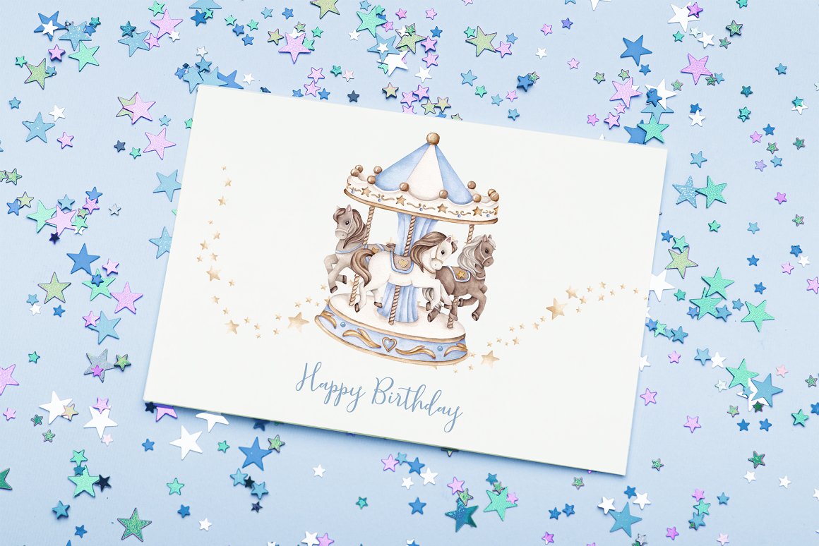 White horizontal card with lettering "Happy Birthday" and illustration of a carousel.