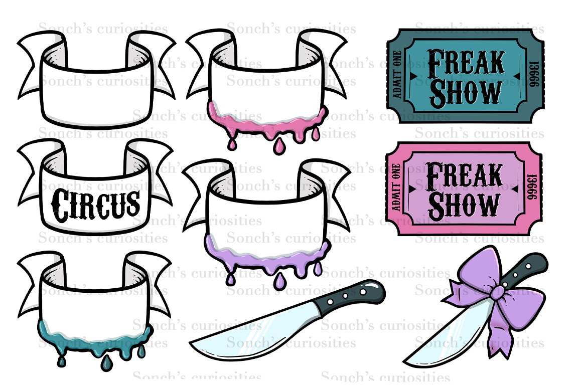 A set of 9 different illustrations of spooky circus on a white background.