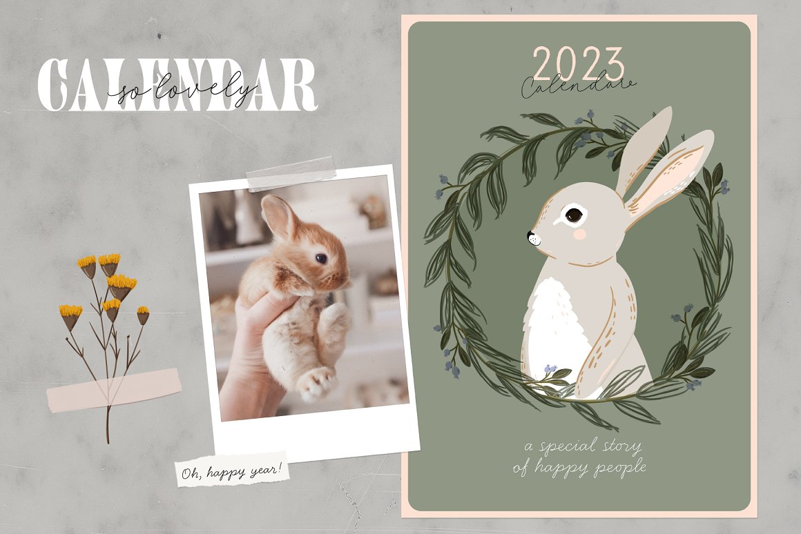 White lettering "Calendar", calendar with illustration of a rabbit and photo of a rabbit.