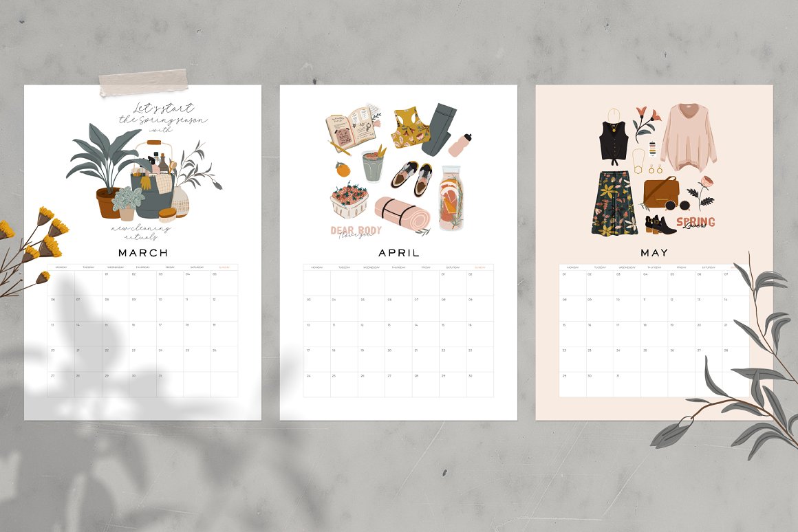 3 different examples of spring calendar on a gray background.