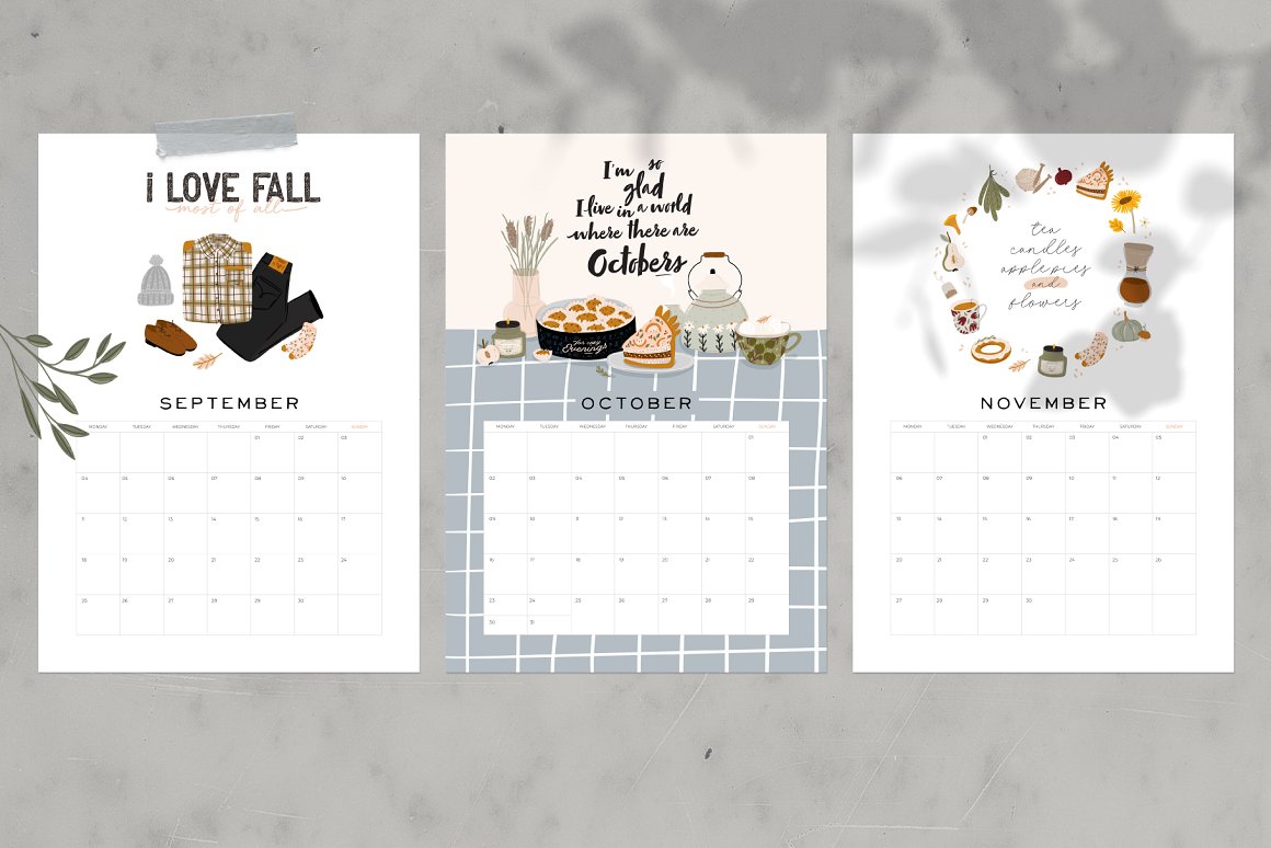 3 different fall calendar examples on a gray background.