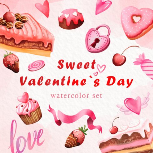 Valentine’s Day Watercolor Sweet Cake PNG Clipart main cover.