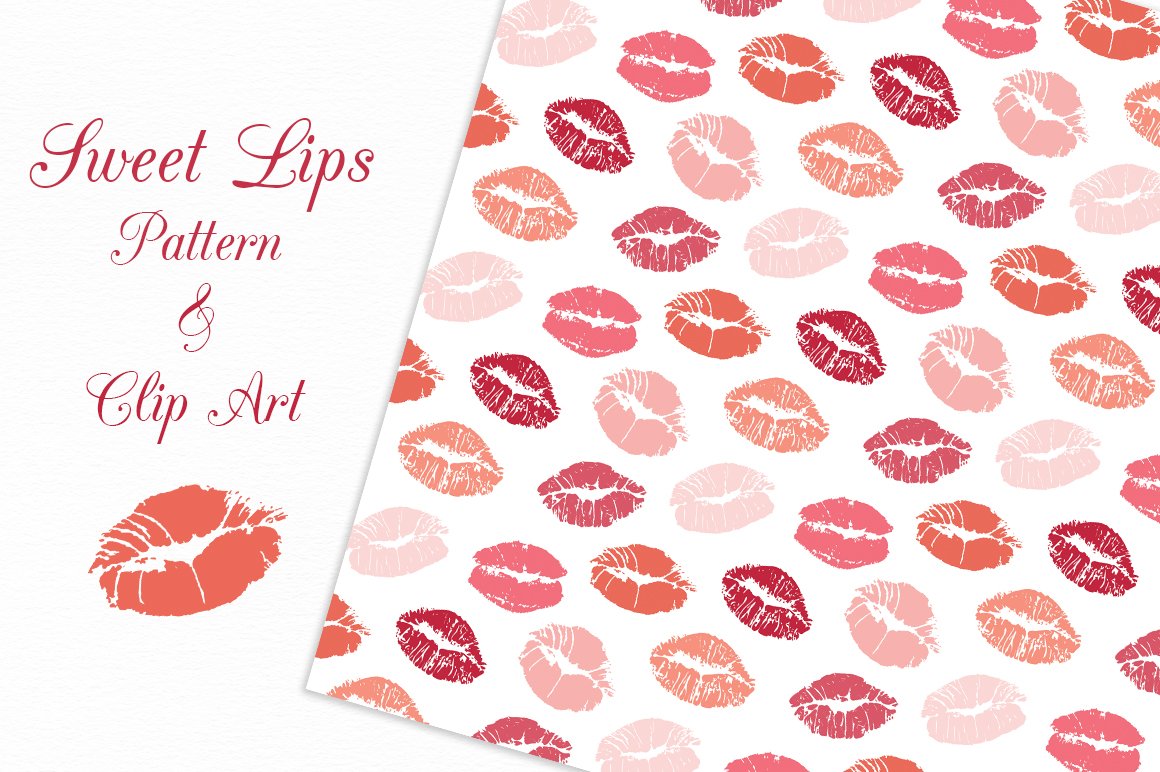 Cover with pink lettering "Sweet Lips Pattern & Clip Art" and different lips on a white background.
