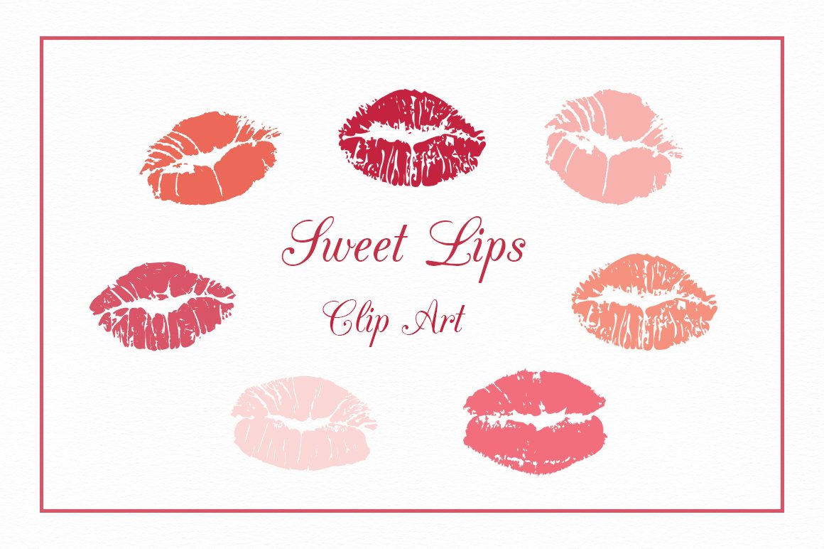 7 illustration of kisses lips in different pink tones and pink lettering on a white background.