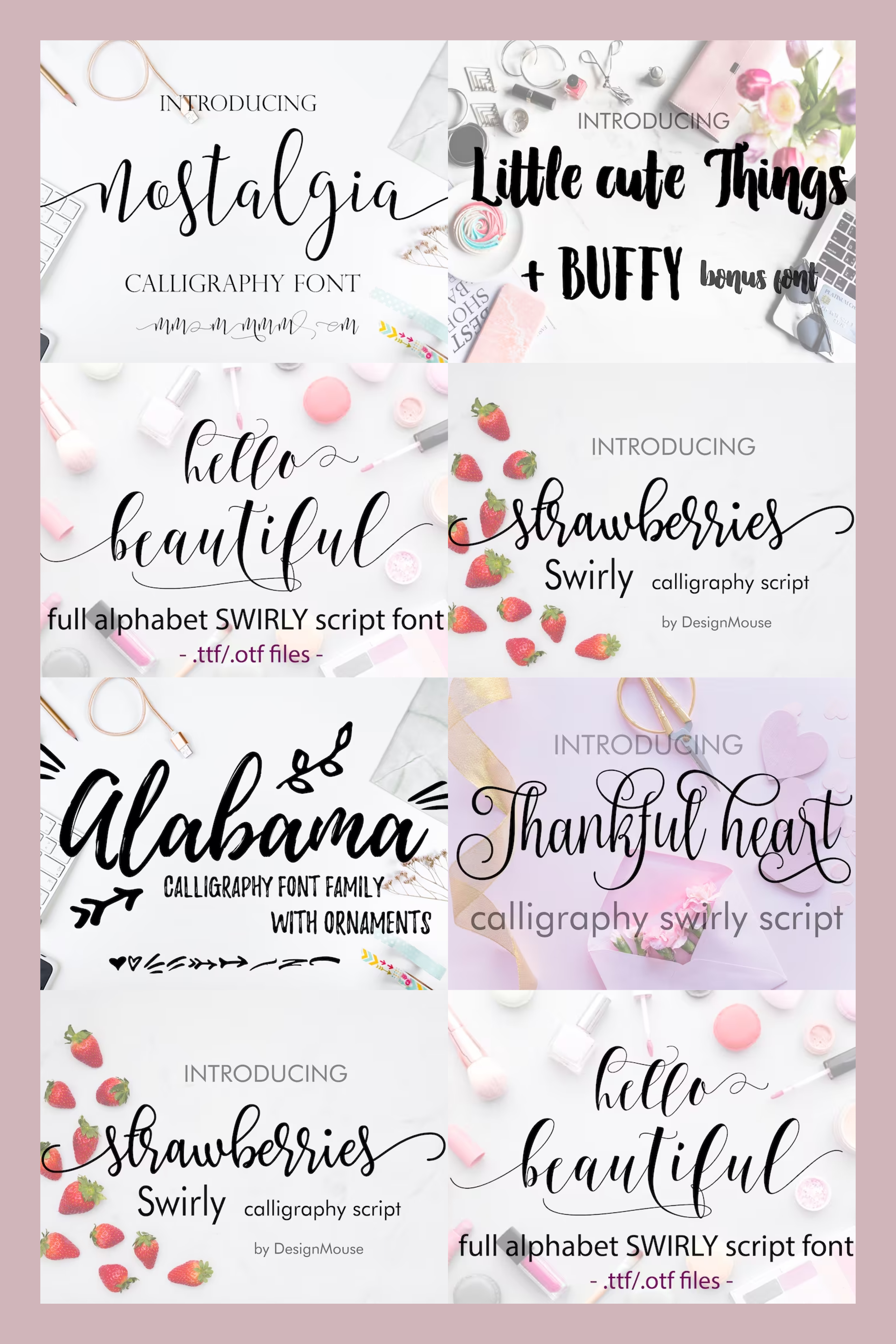 A collage of examples of the use of different fonts on a pink background.