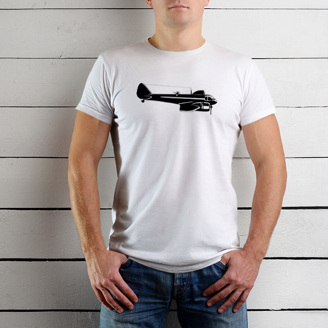 Black airplane on a white t-shirt.